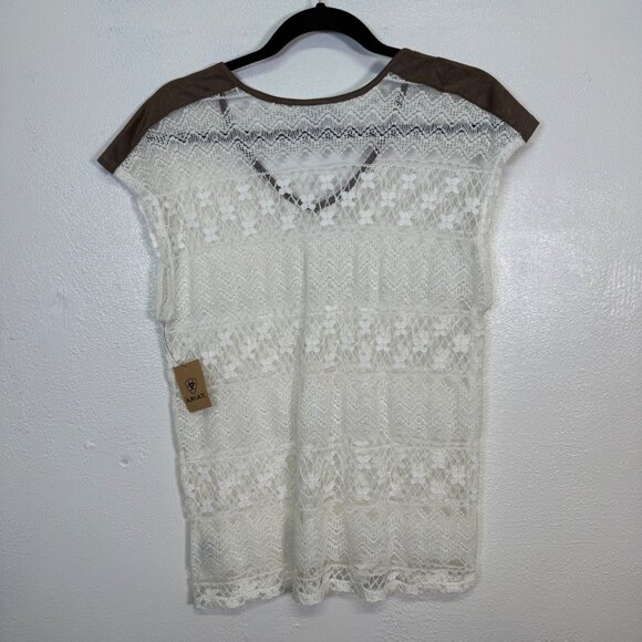 Ariat Womens Large Ivory Suede Trim Lace Top Boho Western Layer Rodeo Casual - Picture 3 of 11